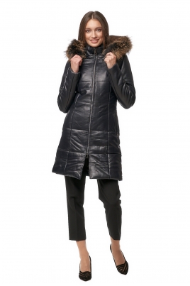 Зимнее женское кожаное пальто из натуральной кожи с капюшоном, отделка енот